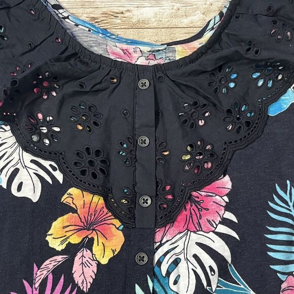 Girls Sleeveless Tropical Print Top W/ Black Ruffle Neckline And Buttons 12/14 L - Picture 3 of 9